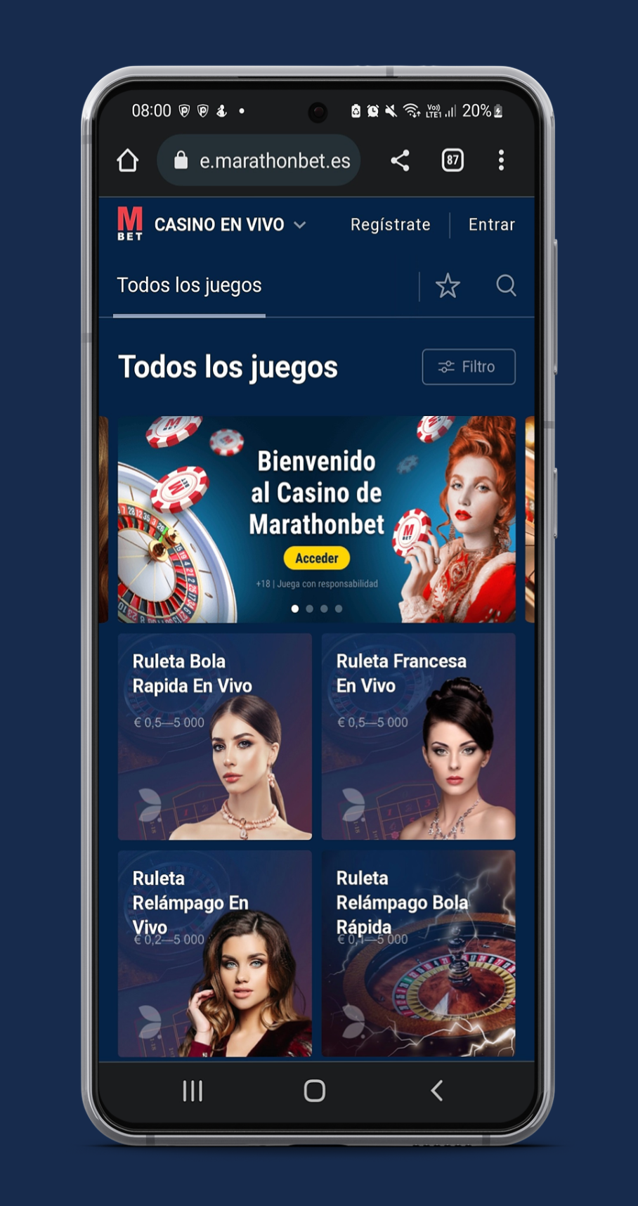 Marathonbet casino en vivo desde el movil